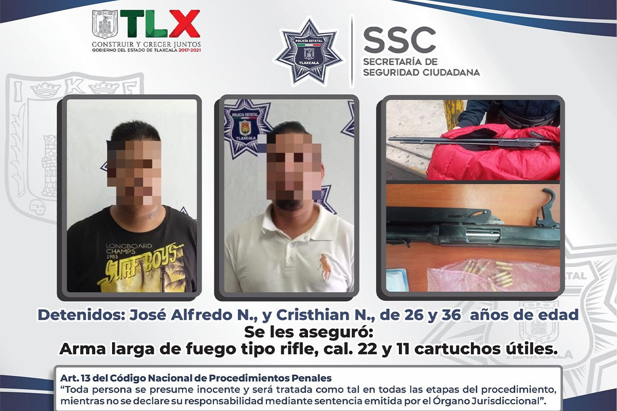 La SSC detiene a dos sujetos en Tzompantepec y asegura arma de fuego