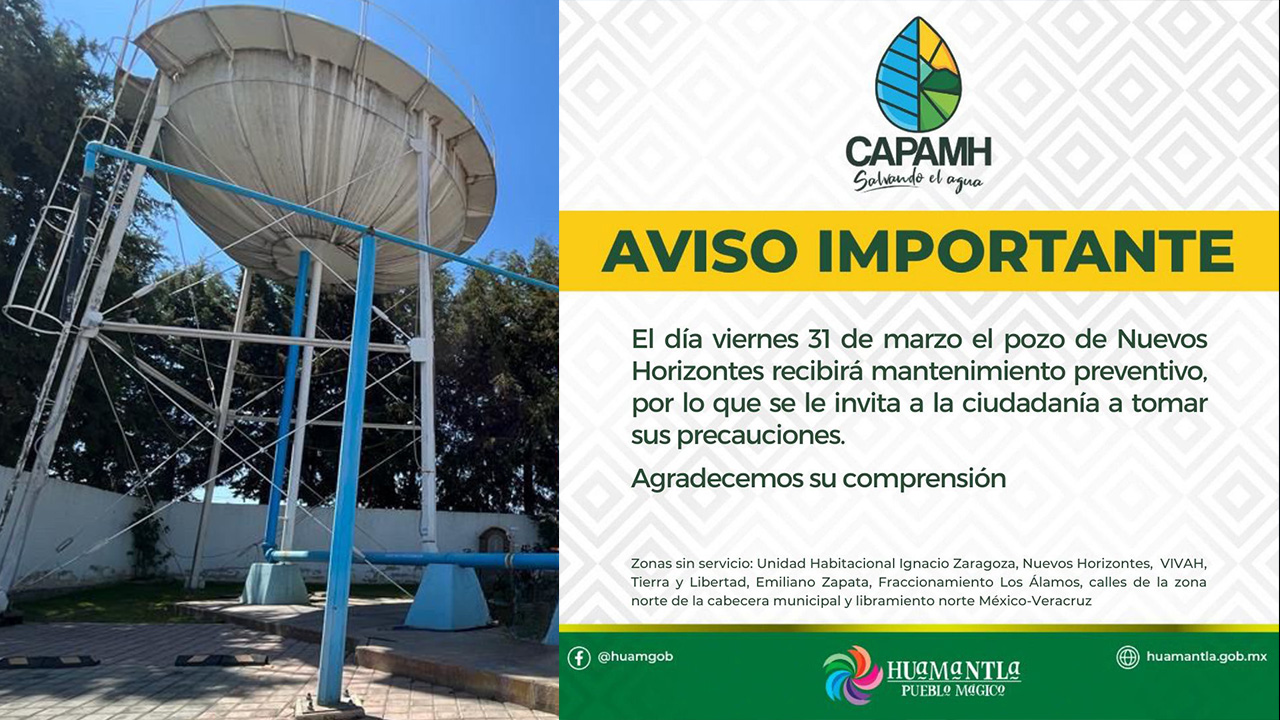 Anuncia Capamh suspensión de agua potable por trabajos de mantenimiento en pozo