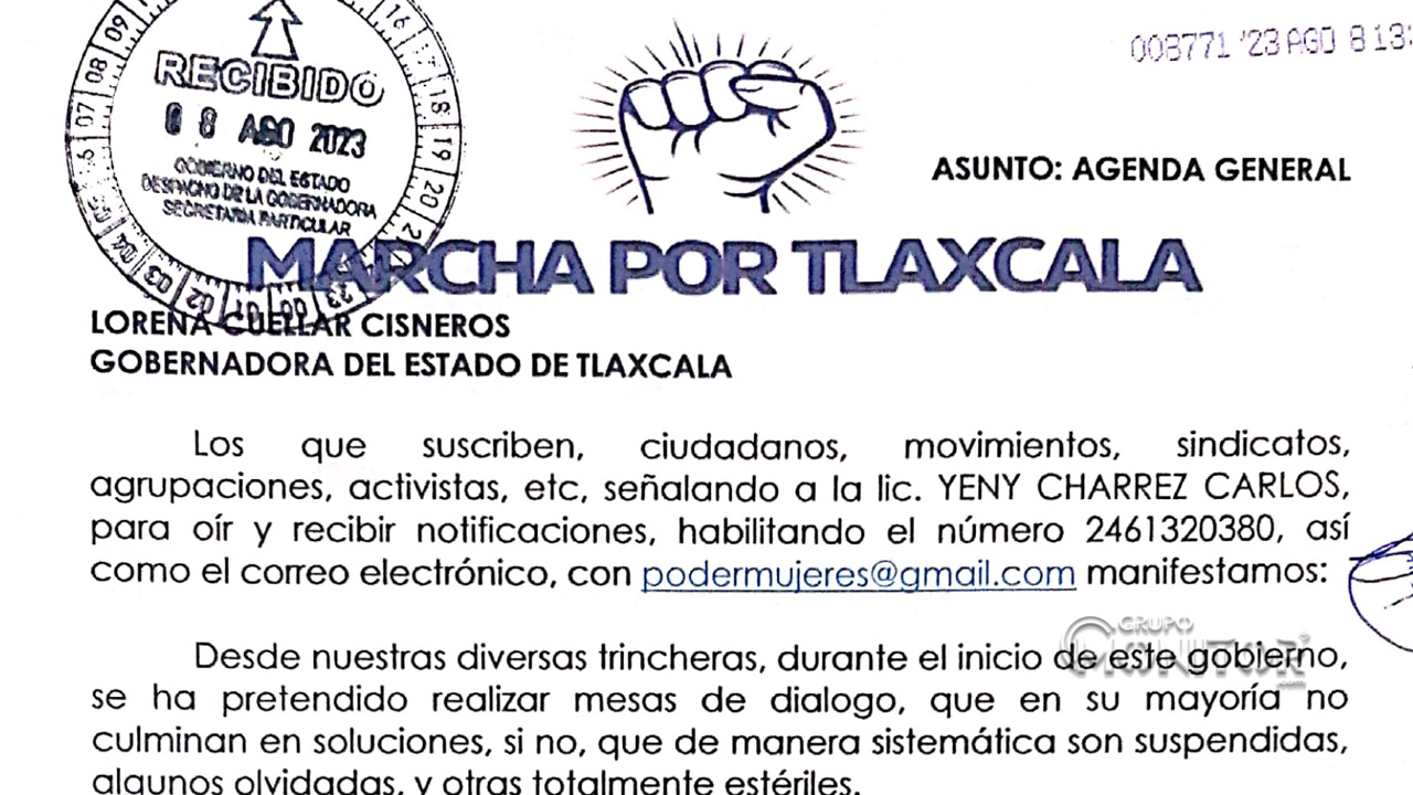 Pliego petitorio entregado al gobierno por integrantes de la Marcha por Tlaxcala