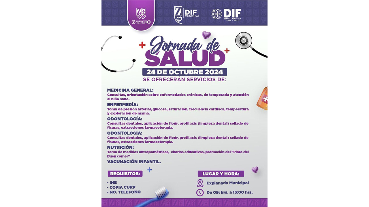 DIF invita a la Jornada de salud en unidades móviles en el zócalo de Zacatelco.