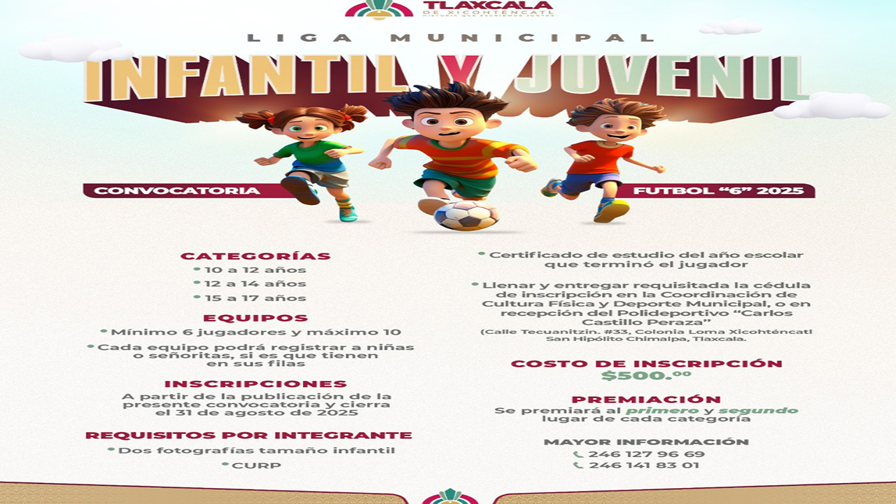 Abre gobierno municipal de Tlaxcala convocatoria para crear la liga infantil y juvenil de futbol 6