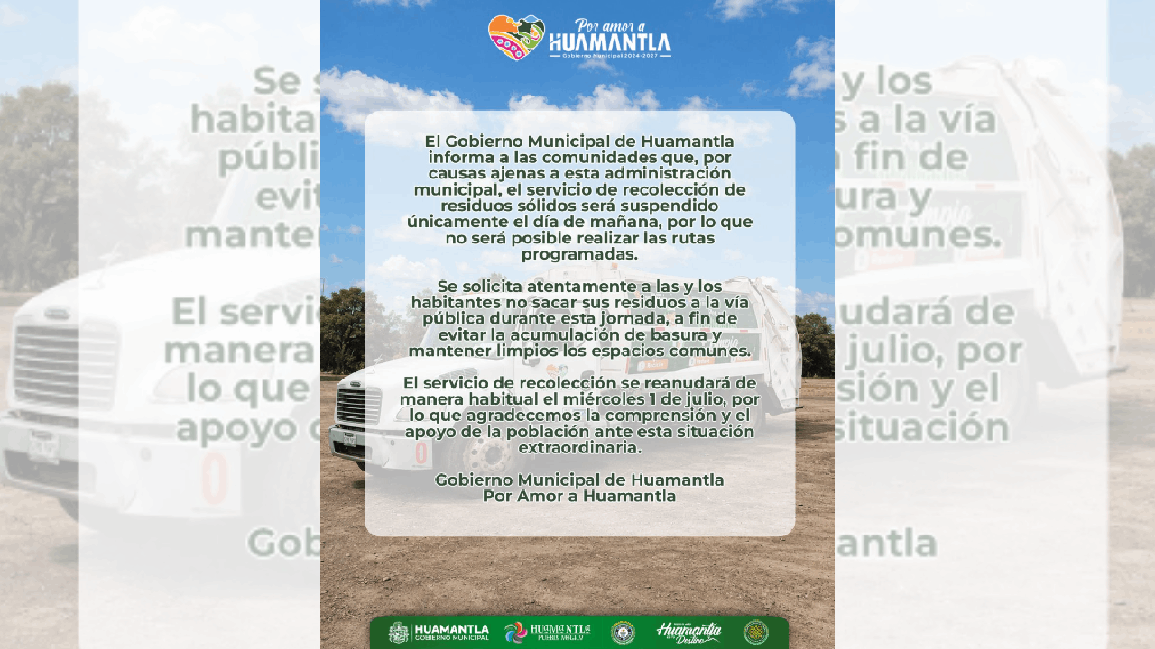 Gobierno municipal de Huamantla informa suspensión temporal del servicio de recolección de residuos en comunidades