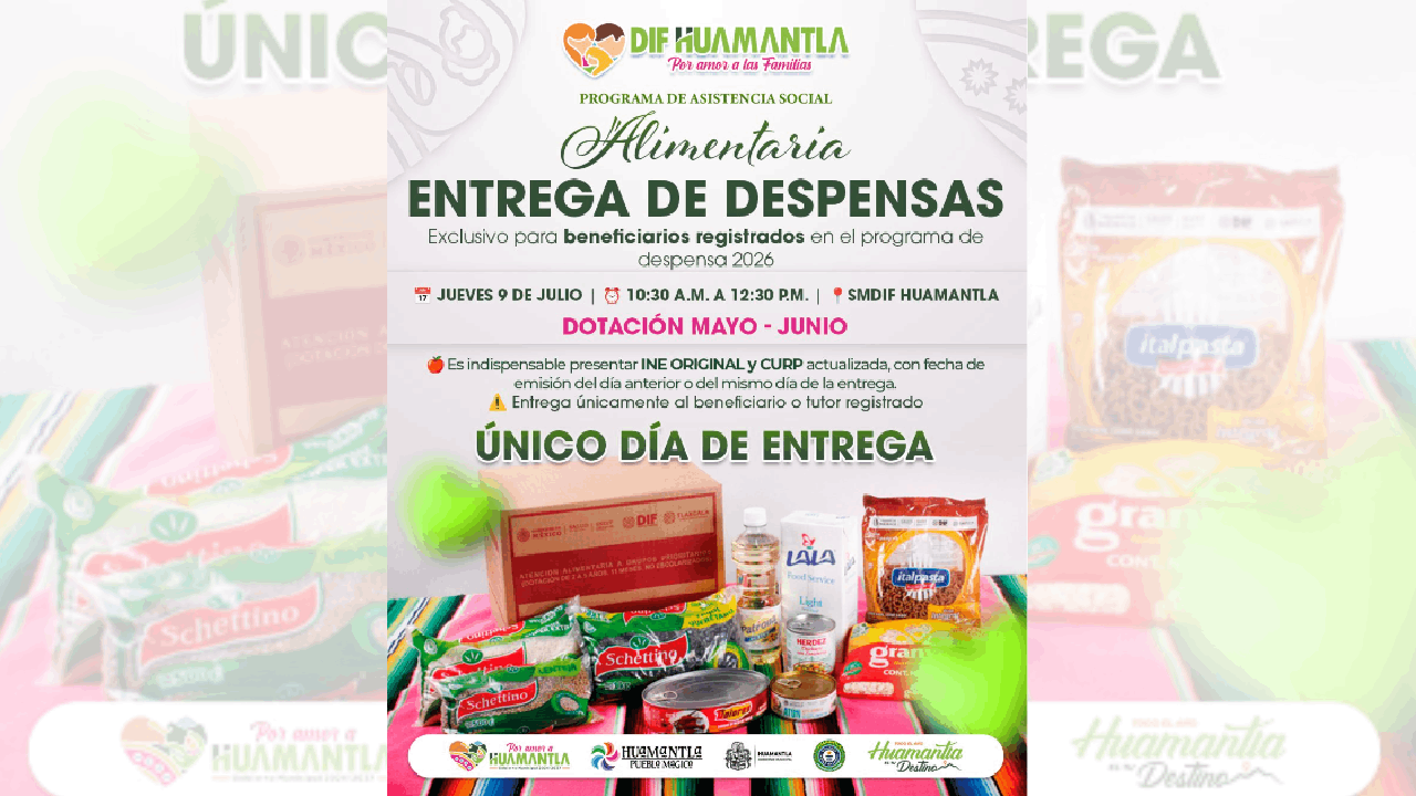 SMDIF Huamantla realizará entrega de despensas del Programa de Asistencia Social Alimentaria