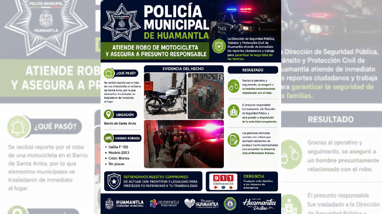 Policía Municipal asegura a presunto responsable tras reporte de robo de motocicleta en Huamantla