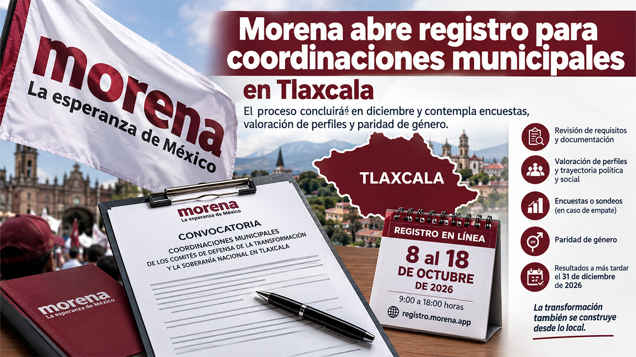 Morena abre registro para coordinaciones municipales en Tlaxcala; proceso concluirá en diciembre